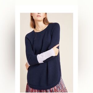 Women’s Anthropologie crewneck navy sweater with lavender sleeves size medium